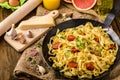 Semolina pasta with roasted garlic, sprinkled microherbs