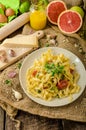 Semolina pasta with roasted garlic, sprinkled microherbs