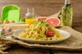 Semolina pasta with roasted garlic, sprinkled microherbs