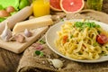 Semolina pasta with roasted garlic, sprinkled microherbs