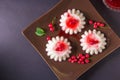 Semolina pudding in a brown square plate with red currant syrup and berries. On a dark background Royalty Free Stock Photo