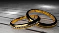 Semper amemus, which means Love always - glowing words on two golden wedding rings joined together