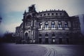 Semperoper Dresden in Saxony Germany historical opera in black and white in German is in the window