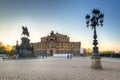 Semperoper Opera and King John of Saxony monument at sunset, Dresden. Germany