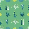 Sempervivum Haworthia Opuntia Hatiora. Seamless pattern with cacti, succulents. Royalty Free Stock Photo