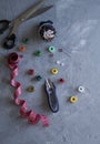 A sempstress inventory: measure tape, buttons, needles, threads and scissors Royalty Free Stock Photo