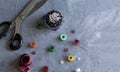 A sempstress inventory: measure tape, buttons, needles, threads and scissors Royalty Free Stock Photo