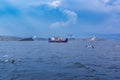 The Semyon Batagaev ferry departs for Olkhon Island from the mainland pier in the Olkhonskiye Vorota Strait. Lake Baikal, Siberia