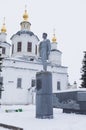 Semyon Dezhnev Monument on background the cathedral in Veliky Ustyug, Vologda region