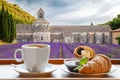 Senanque monastery against coffee with croissants in Gordes, Provence, France Royalty Free Stock Photo