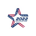 Senate elections 2022 in USA. Election voting poster. Stylized star with american flag colors and symbols. Start of Political