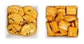 Senbei, Japanese rice crackers, crispy snacks, in white square bowls Royalty Free Stock Photo