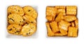 Senbei, Japanese rice crackers, crispy snacks, in white square bowls