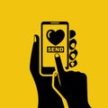 Send charity. Phone in hand. Send a heart. Vector illustration flat design. Royalty Free Stock Photo