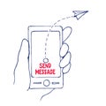 Send Message from Cell Phone in a Hand, Vector Illustration