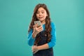 Send message. Read news. Incoming information. Internet access. Checking email. Child sms phone. Little girl surfing