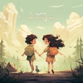 Happy friendship day greeting card. Two girls walking in the forest. Vector illustration Ai generative