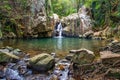 Sendero Rio De La Miel. Small waterfall in the nature, rocks in the foreground. Royalty Free Stock Photo