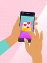 Sending love message to lover with envelope and pink hearts poster vector illustration. Hand holding smartphone touching Royalty Free Stock Photo