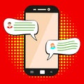 Sending message. Concept of a mobile chat or conversation of people via mobile phones. Flat cartoon illustration for web banners,