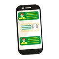 Sending message. Mobile chat. Phone with envelope, send button and notification, email. Flat cartoon illustration for web banners,