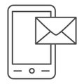 Sending message thin line icon. Smartphone and envelope vector illustration isolated on white. Receive message outline