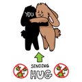 Sending virtual hug corona virus crisis cute bunnies hugging. Defeat sars cov 2 social distancing infographic. Social