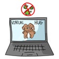 Sending virtual hug corona virus crisis cute bunny on laptop. Defeat sars cov 2 stay home infographic. Social media love