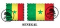 Senegal or senegalese flag pattern postage stamp with grunge old scratch texture and affix a seal on isolated background . Black c