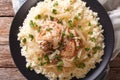 Senegalese cuisine: chicken Yassa with couscous and onions close