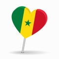 Senegalese flag heart-shaped map pointer layout. Vector illustration.