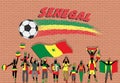 Senegalese football fans cheering with Senegal flag colors in fr