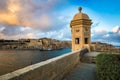 Senglea, Malta - Sunset and panoramic skyline view at the watch tower of Fort Saint Michael, Gardjola Gardens Royalty Free Stock Photo