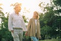 Senior active caucasian couple holding hands looks happy and carefree in the park in the afternoon autumn sunlight with copy space