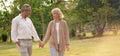 Senior active caucasian couple holding hands looks happy and carefree in the park in the afternoon autumn sunlight with copy space