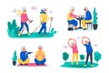 Senior activities concept. Old people walking, playing chess, do exercises on the fresh air in forest and do yoga with Royalty Free Stock Photo