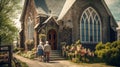 Senior Adult Couple Arriving At A Neighborhood Church for Services - Generative AI