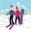 Senior adult couple on a ski resort. Cartoon characters.