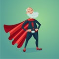 Senior adult man in super hero suit with red cape. Healthy lifestyle humor cartoon illustration.