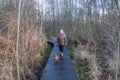 Senior adult woman walking with her dachshund on wooden path in muddy terrain Royalty Free Stock Photo