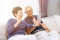 Senior Asian couple grand parents making a video call and waving at the caller.