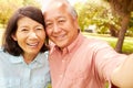 Senior Asian Couple Taking Selfie In Park Together