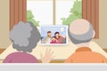 Young asian couple and child greeting grandparents via video call