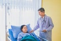 Senior asian male doctor visiting and talking with middle-aged female patient on Ward. Royalty Free Stock Photo