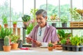 Senior asian man using tablet in his home garden plant workshop for online gardening store Royalty Free Stock Photo