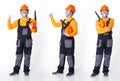 Senior Asian Man wear Orange uniform shirt hat as air condition cleaner washer with blower Royalty Free Stock Photo