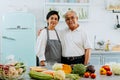 Senior Asian married couple cooking food at kitchen home. Elderly 70s man and woman preparing ingredients at kitchen Royalty Free Stock Photo