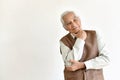 Senior asian old man standing relax, Thinking and smiling elderly people on white background. Royalty Free Stock Photo