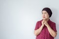 Senior asian woman with disease cancer standing on white background,Female felling depress and upset,chemotherapy