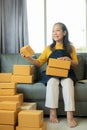 Senior Asian woman doing online shopping at home with boxes and laptop Royalty Free Stock Photo